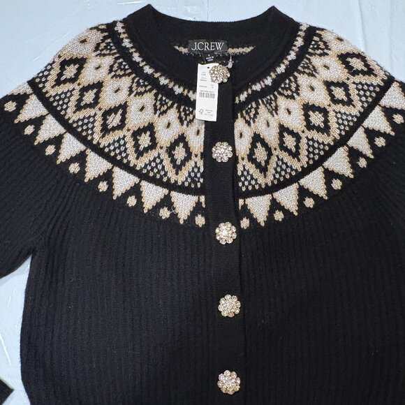 J Crew Fair Isle Black White & Gold Button Down Jewelled Buttons Cardigan Sz S - Picture 3 of 6